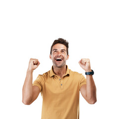 Excited, winner and man with celebration and fist for motivation and success sign. Male person,...