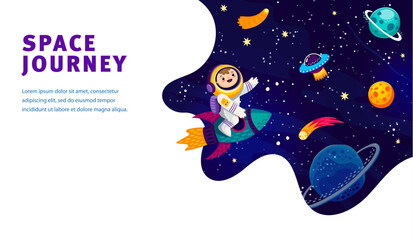Cartoon space poster or landing page. Kid astronaut on space rocket in starry galaxy. Galaxy travel, space discovery vector banner or startup landing page template with boy astronaut flying on rocket