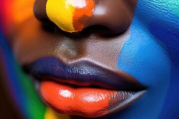 Fototapeta premium Closeup of lips. Colorful makeup in bright colors. African American woman. Abstract face.