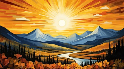 Beautiful sunburst landscape illustration. Sunset art painting in golden hues.
