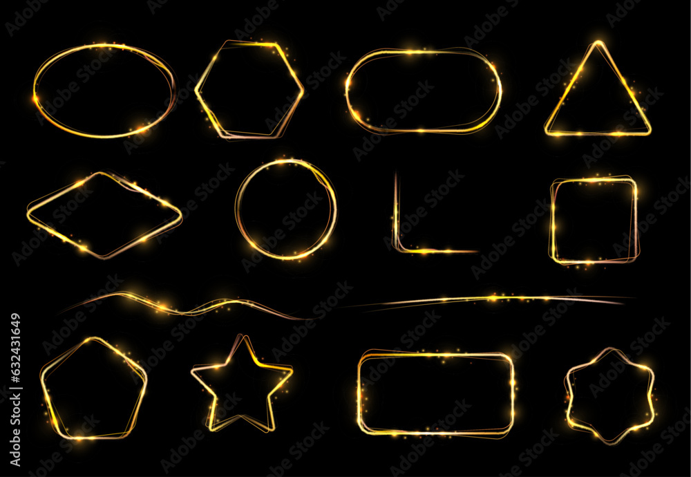 Poster frames with flame sparkles, glow light effect. vector borders, lines and corners on black background