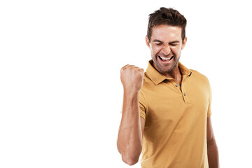 Excited, winning and man with celebration and fist for motivation and success sign. Male person,...