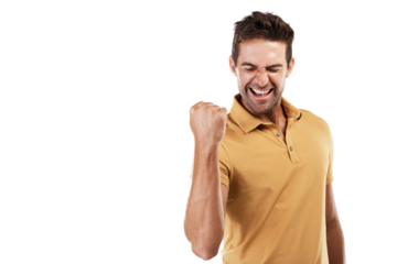 Excited, winning and man with celebration and fist for motivation and success sign. Male person, happy and smile from achievement cheer and winner victory isolated on a transparent, png background