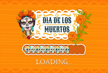 Mexican day of dead holiday loading bar. Dia de los muertos celebratory vector scale, showcasing colorful calacas, Katrina and marigolds, representing rich cultural traditions and honoring ancestors
