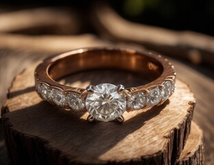 Diamond ring on vintage wooden table.generative AI