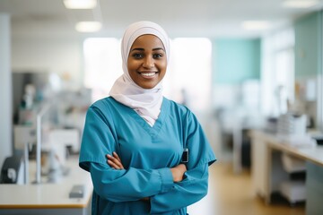 Muslim Hijabi Female nurse smiling at the camera, Workers of Healthcare profession portrait - obrazy, fototapety, plakaty