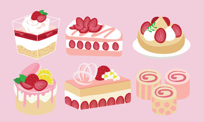 Series of strawberry dessert in flat color vector style	Set4