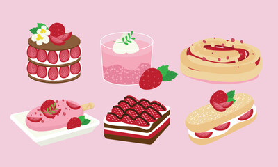 Series of strawberry dessert in flat color vector style	Set5