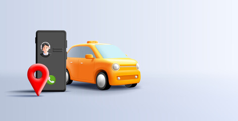 Road assist support call center, 3d illustration with yellow car and smartphone and map pin