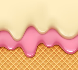 Realistic melting strawberry and vanilla ice cream drip on wafer background. 3d vector glaze, yogurt, sweet liquid syrup on waffle. Glossy cream border, molten texture, melted icing, sweet sauce drop
