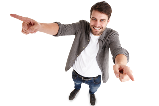 Man, happy portrait and pointing with smile to sale and advertising from above with confidence. Promotion, offer and male person from France with up hand sign isolated on transparent, png background