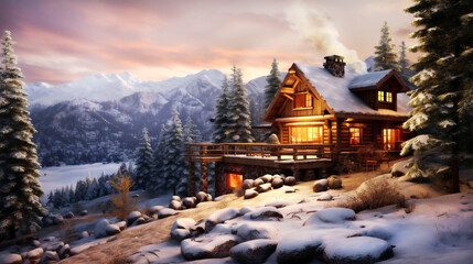 Cozy mountain wooden eco-lodge nestled amidst a snow-covered pine forest. Warm golden lights illuminating the windows, serenity of winter retreat Banner. Generative Ai content