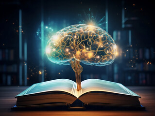 Virtual brain over open book. Creative thinking idea to solve problem from learning knowledge and innovation concept. The concept of future technologies