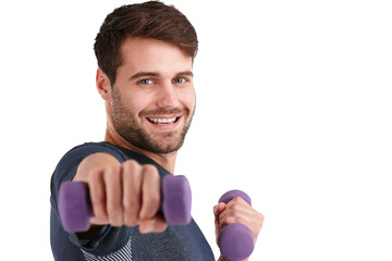 Exercise, portrait and man with dumbbell isolated on transparent png background for health, fitness...