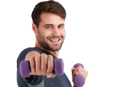 Exercise, portrait and man with dumbbell isolated on transparent png background for health, fitness and power. Face of happy bodybuilder, weights and sports workout for strong muscle, action or pride