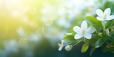Beautiful floral spring border, blooming jasmine bush on a green background. Soft selective focus Copy Spase, Generative AI - obrazy, fototapety, plakaty