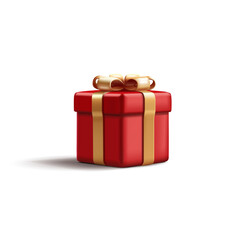 3e render gift box illustration with golden shiny ribbon bow and red glossy wrapping paper