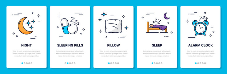 Sleep line icons, mobile app onboarding screen for healthy sleeping, vector template. Night time or bedtime onboarding screen for mobile application with sleeping tips of pillow, alarm clock and pills