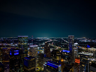 Aerial night photo Downtown Houston Texas circa July 2023