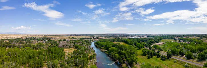 Fototapeta na wymiar Aerial panoramic photo Pueblo City Park Colorado Summer 2023 Arkansas River