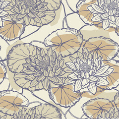 Floral seamless pattern with hand drawn lotus flowers and leaves. Vector background for fabrics, textiles, paper. Traditionsl oriental print. 