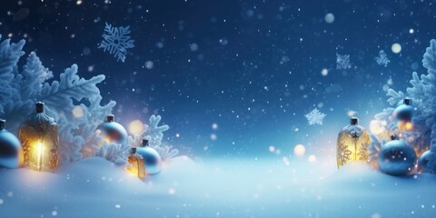 Fototapeta na wymiar Art Merry Christmas and Happy Holidays greeting card, frame, banner. New Year. Noel. Christmas light ornaments on blue snowy background. Winter xmas holiday, Generative AI