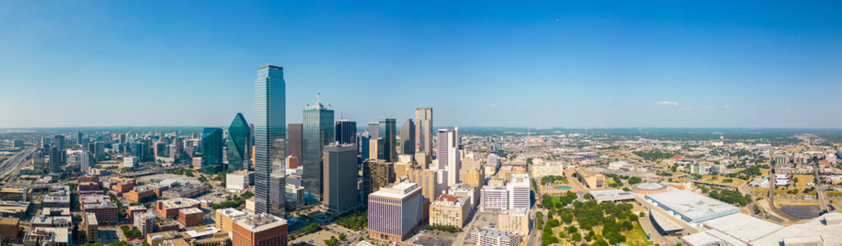 Aerial panorama Downtown Dallas Texas circa Summer 2023
