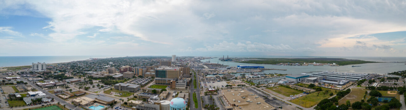 Aerial panorama Port Galveston circa July 2023 Hospital compound