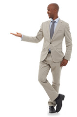 Business, man and hand pointing with a smile for FAQ, vote or promo on isolated, transparent and png background. Finger, how to and African male show process, schedule or contact, information or step