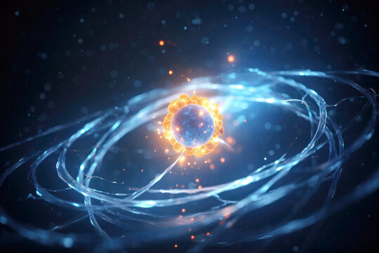 Atomic nucleus and moving electron glowing in blue and orange