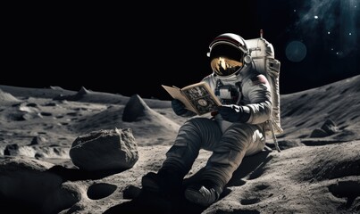 Photo of an astronaut reading a book on the moon