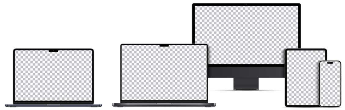 Mock-up screen 2023-2024 yers. Set devices black colors. Laptop pro and air, Computer monitor, Tablet and Smartphone with blank screens for you design. Vector illustration	