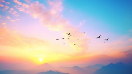 abstract beautiful peaceful spring morning sky background sunrise new day and flying flock of birds, Generative AI - obrazy, fototapety, plakaty