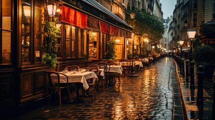 Paris's cozy restaurants and rainy street scenes, capturing the calm and romantic atmosphere of the...