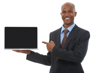 Laptop, mockup and black man point at screen, business and portrait isolated on png transparent background. Digital marketing, website ads and corporate logo design, African businessman and tech