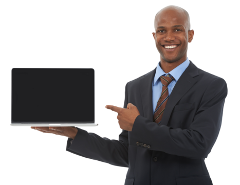 Laptop, mockup and black man point at screen, business and portrait isolated on png transparent background. Digital marketing, website ads and corporate logo design, African businessman and tech