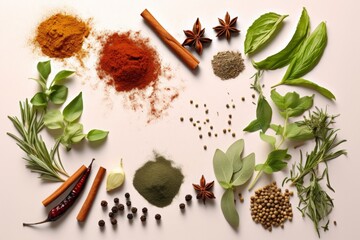 Spices and herbs with transparent shadow on white background. Variety of spices and mediterranean herbs. PNG Food background, Generative AI