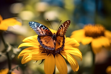 Close up of monarch butterfly on yellow flower in the summer garden