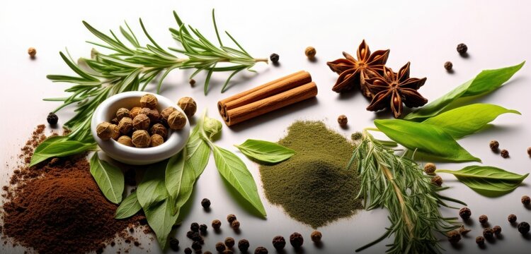 Spices and herbs with transparent shadow on white background. Variety of spices and mediterranean herbs. PNG Food background, Generative AI