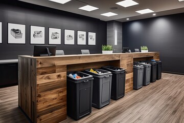 Waste separation bins indoors. IA generative