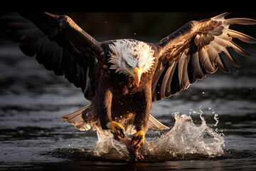 Close up of bald eagle flying with a fish in its claws on the water, eagle hunting moment of fish, in wild life cycle