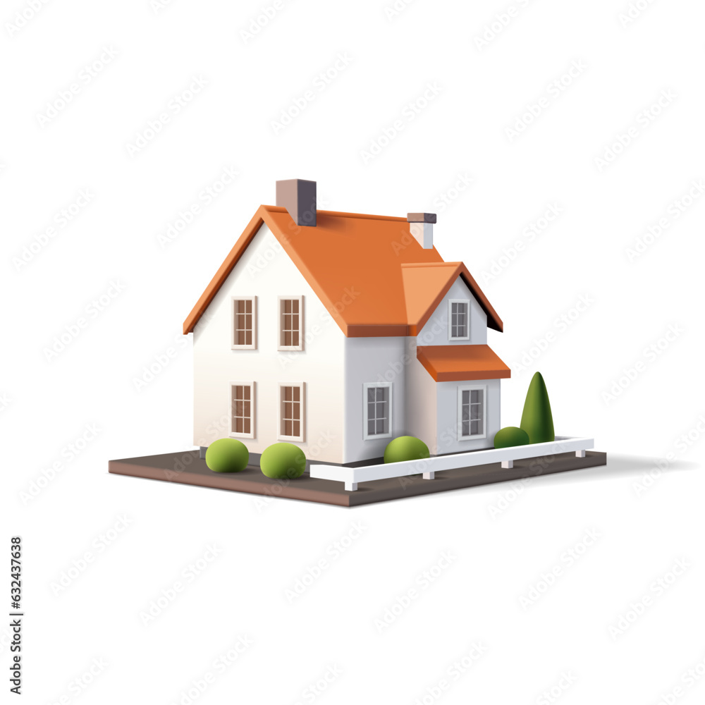 Wall mural 3d render vector illustration of house with red roof, white walls and yard with trees and white fenc