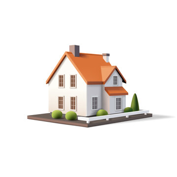3d render vector illustration of house with red roof, white walls and yard with trees and white fence