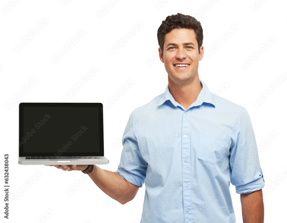 Poster business man, laptop screen and mockup presentation, software or ux design for website. portrait of 