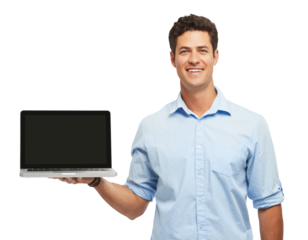 Business man, laptop screen and mockup presentation, software or ux design for website. Portrait of person or worker on computer for news or job marketing space isolated on png transparent background