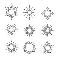 Retro sunburst, sunrise rays, semi circular sunburst, spark firework starburst design set line of light vector illustration.