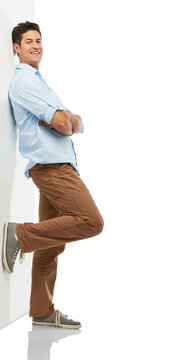 Happy, businessman and leaning on wall in portrait with arms crossed in confidence on transparent, isolated or png background. Intern, interior designer or architect with success, pride and style