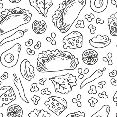 Doodle taco with ingredients food seamless pattern