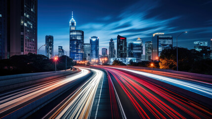 The motion blur of a busy urban highway during the evening rush hour. The city skyline serves as the background, illuminated by a sea of headlights and taillights.  - obrazy, fototapety, plakaty