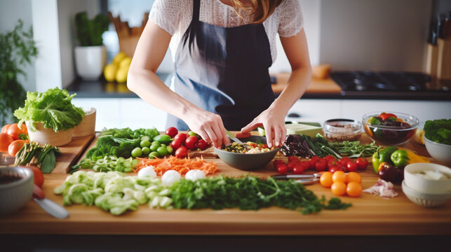  Nutritionist preparing colorful, balanced meal for her website or blog. Well-organized kitchen with fresh ingredients and cooking utensils.Generative Ai content. - Powered by Adobe
